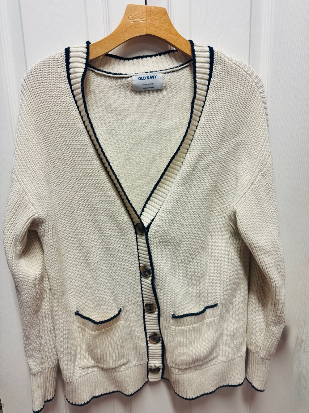 Old Navy Cream Button-Front Cardigan with Dark Trim